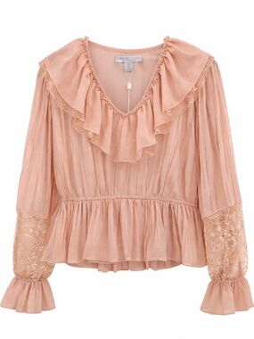 Caroline Constas Peach Cream Ruffle Lace Blouse L NWT